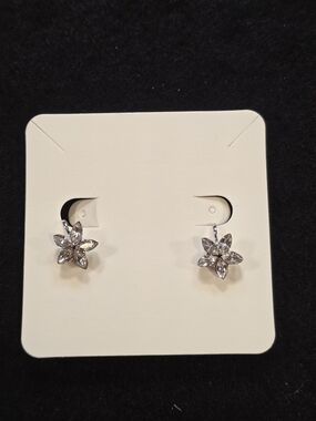 Vintage Nina Ricci Silver Tone Rhinestone Flower Clip-On Earrings - Signed
